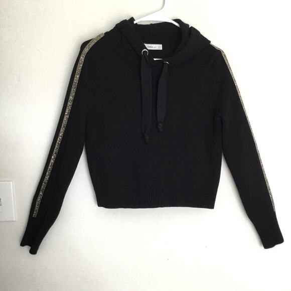 Zara Knit Black Cropped Hoodie Sweatshirt Rhinestone Embellished Sleeves Sz M - Picture 1 of 7